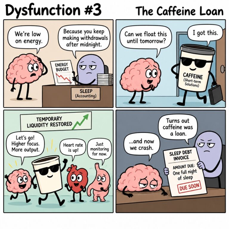 Caffeine and sleep cartoon showing caffeine as a short-term energy loan and Sleep Accounting delivering a sleep debt invoice